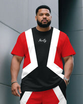 Men's Plus Size White & Red & Black Fashion Colorblock Crewneck Short-sleeved T-shirt Shorts Suit